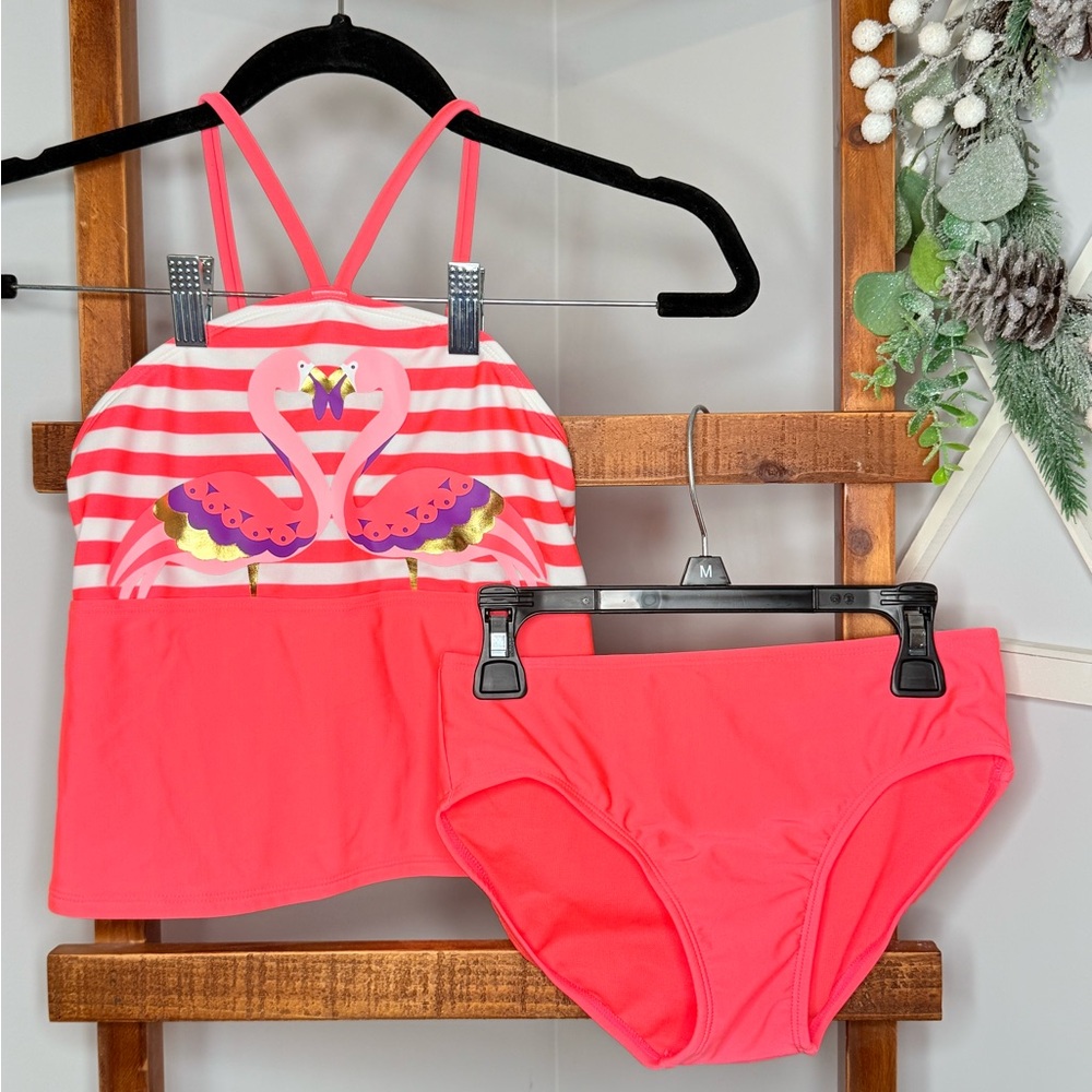 Cat & Jack Flamingo Striped Kids Bikini - Pink and White